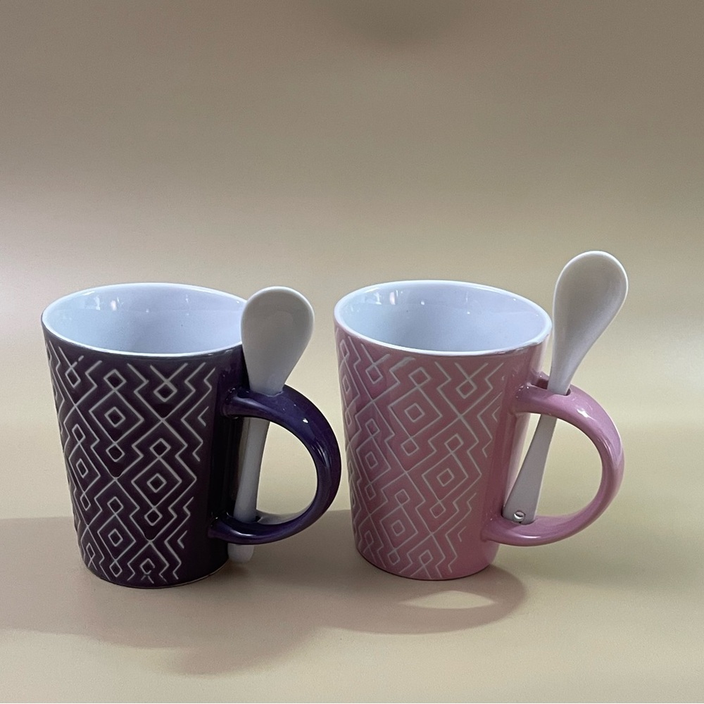 Set of 2 Geometric Ceramic  Mug with Spoons